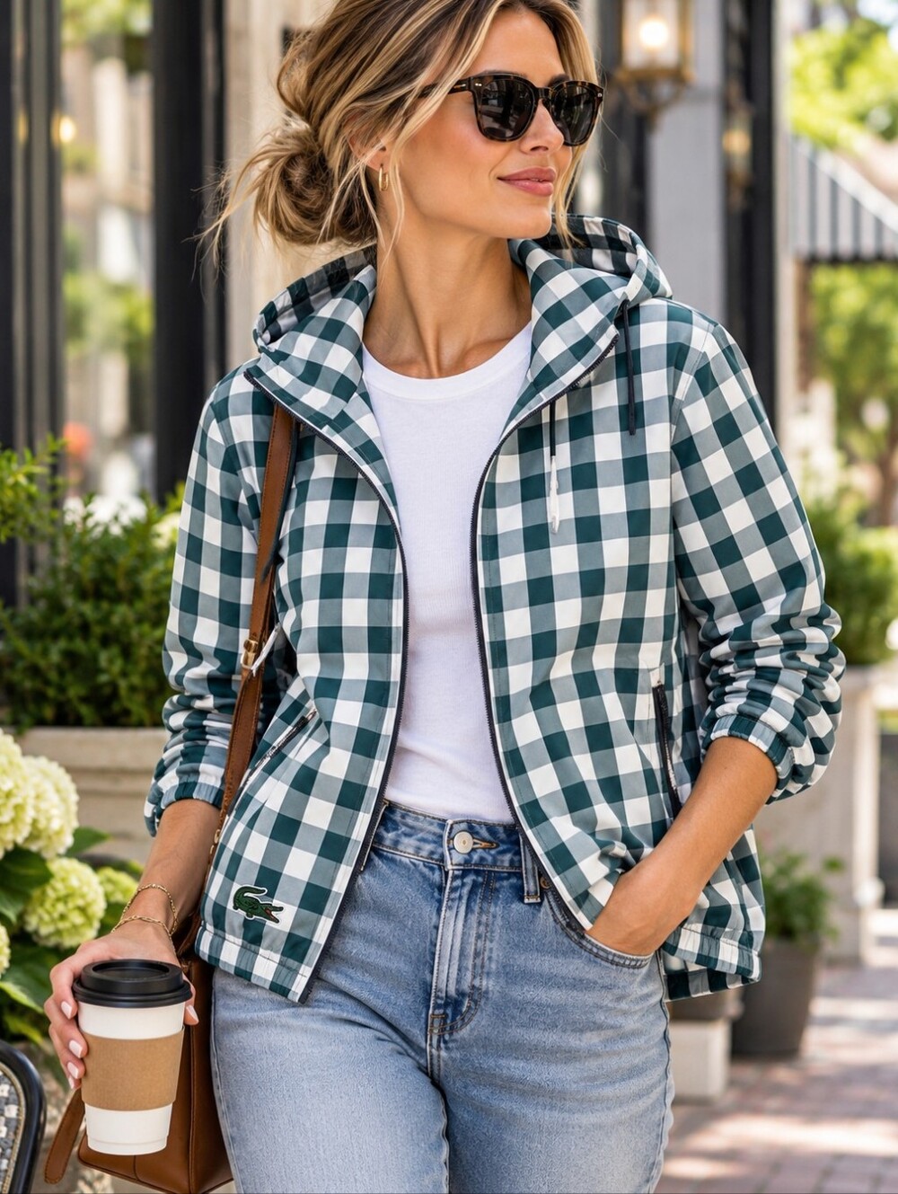 Lacoste Women's Gingham Hooded Windbreaker Jacket Green & White Size 40